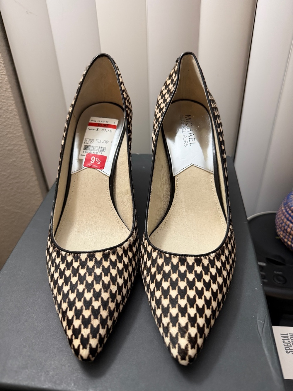 Michael Kors Black and Cream Houndstooth Pointed Toe Pumps